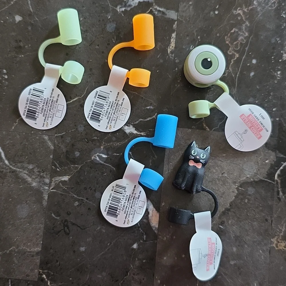 Silicone Straw Toppers 3 Glow In The Dark 2 Novelty Set Of 5; Fits 9 -10mm Straw